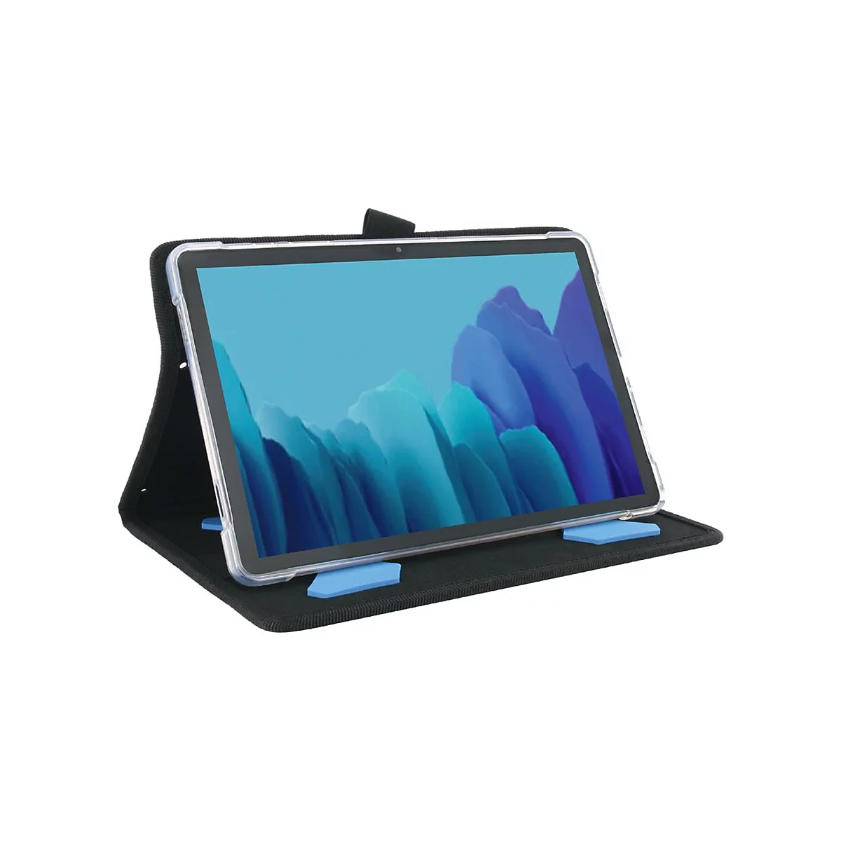 Ein Tablet in einer Schutzhülle, die das Display zeigt. Auf der Hülle ist ein blauer Hintergrund mit weißen Farbtupfern zu sehen.