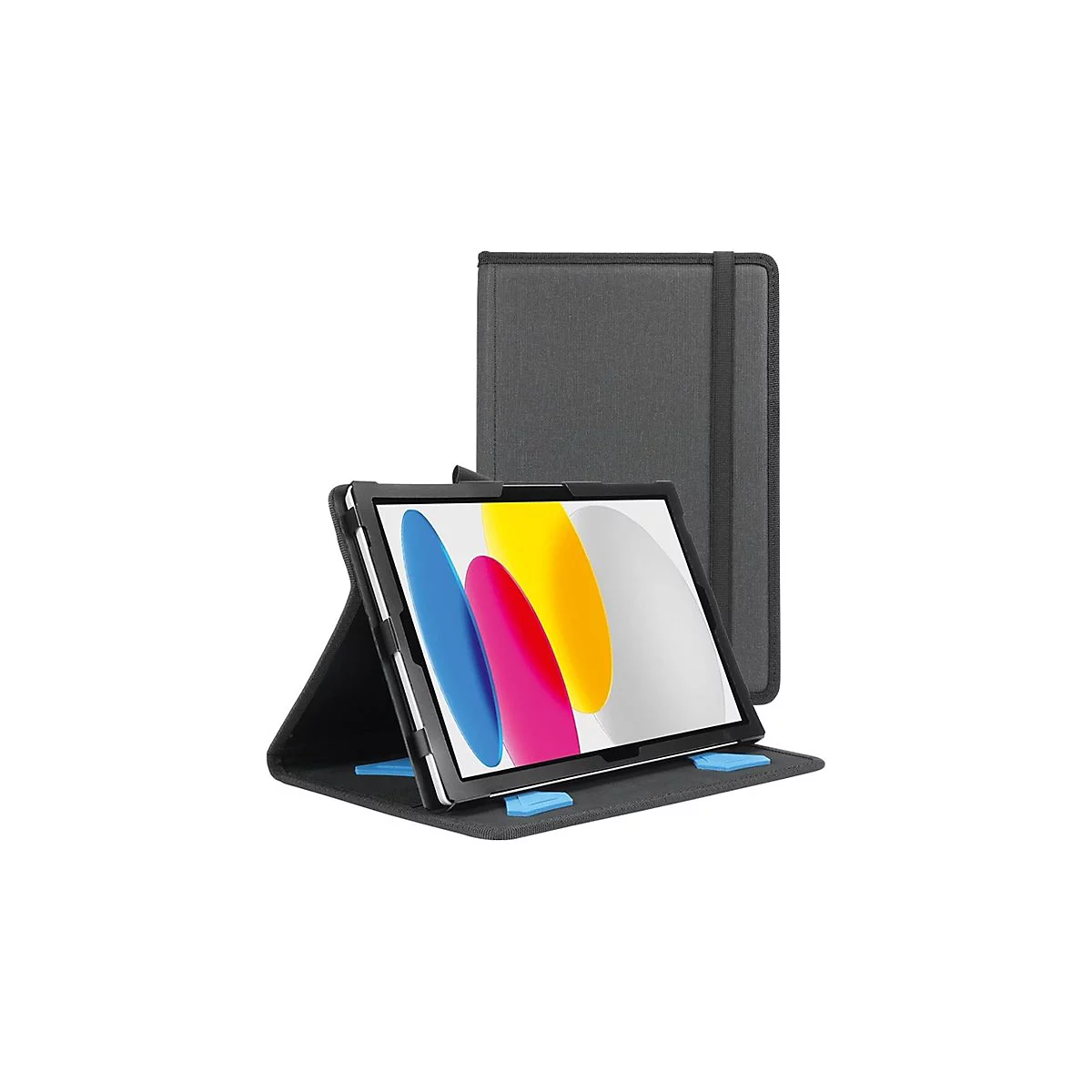 Ein graues Tablet mit Hülle, aufgestellt. Im geöffneten Zustand sind blaue, gelbe und pinke Farben auf dem Display zu sehen.