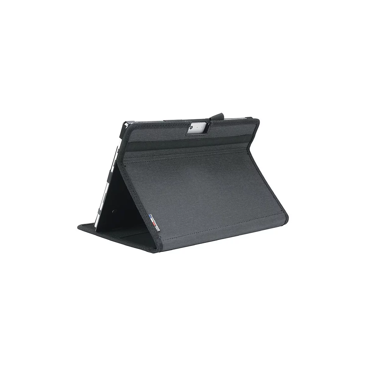 Schwarze Tablet-Hülle, leicht schräg aufgestellt. Auf der Rückseite ist das Logo von mobilecase zu sehen.