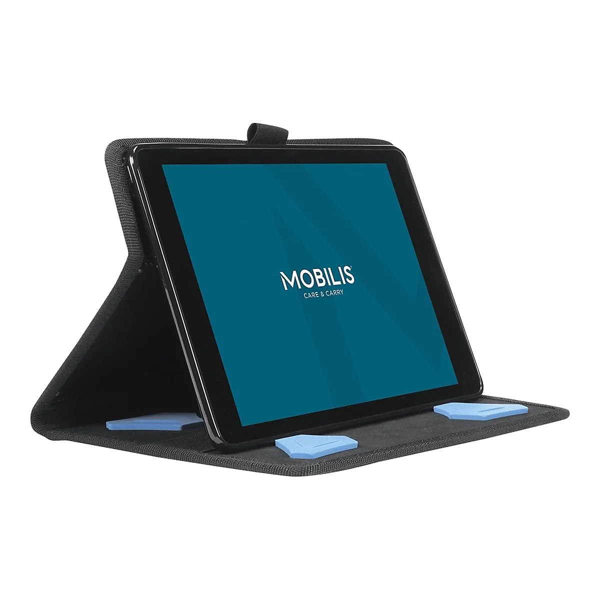 Schwarzes Tablet in Schutzhülle. Auf dem Bildschirm steht MOBILIS. Blaue Halterungen innen.