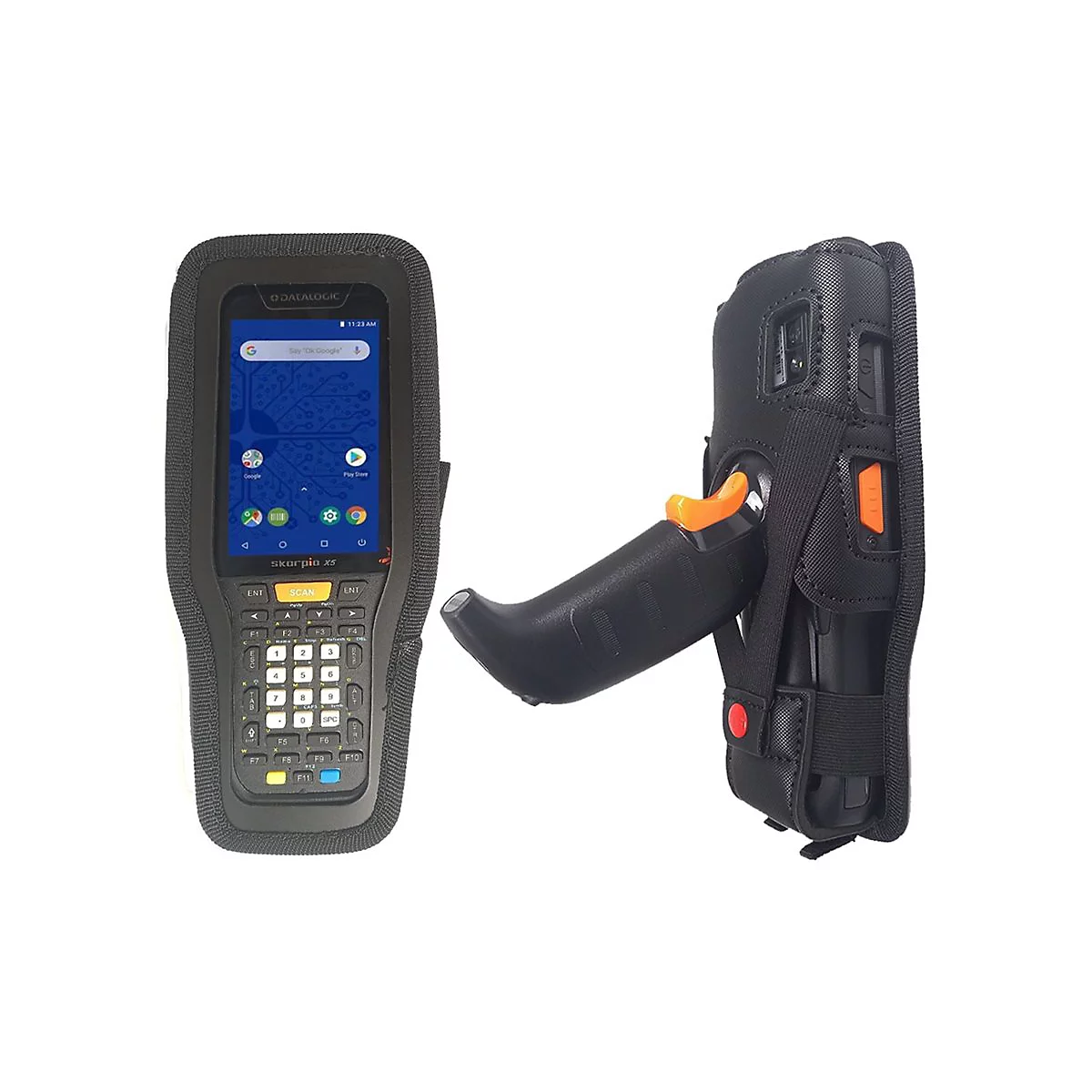 Ein Barcode-Scanner in schwarzer Schutzhülle mit Griff und orangefarbenen Akzenten. Auf dem Bildschirm ist eine Android-Oberfläche sichtbar.