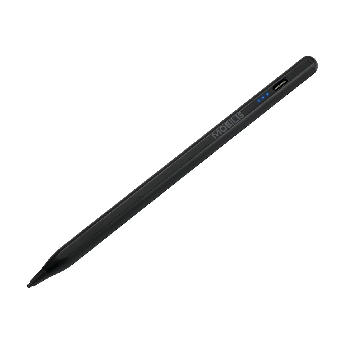 Schwarzer Stylus von Mobilis. Das schlanke Gerät hat drei blaue LEDs und den Schriftzug Mobilis.