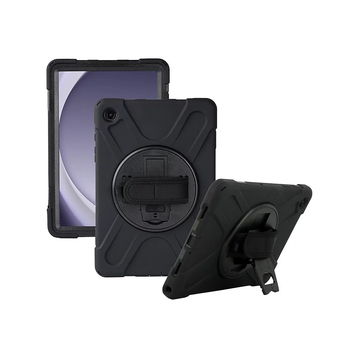 Étui de protection pour tablette noir montrant la tablette dans différentes positions. Une dragonne et un support sont visibles à l'arrière.