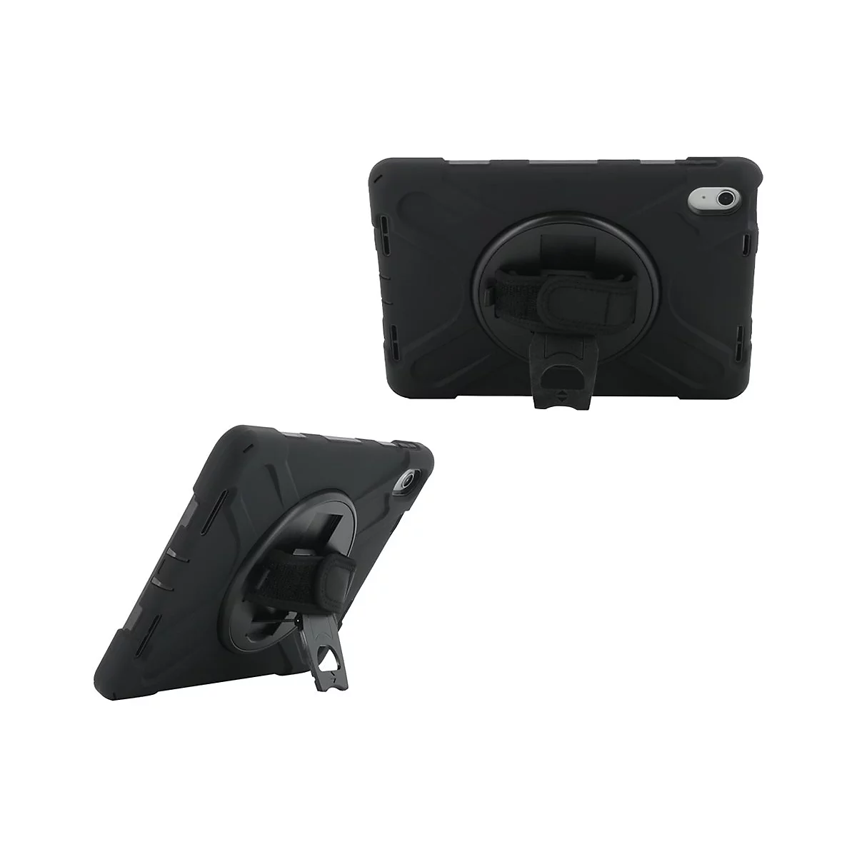 Étui de protection pour tablette noir avec support. Deux vues, une légèrement inclinée, une de l'arrière.