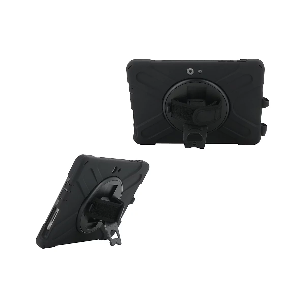 Housse de tablette noire avec dragonne et support, sur fond blanc. Deux vues.