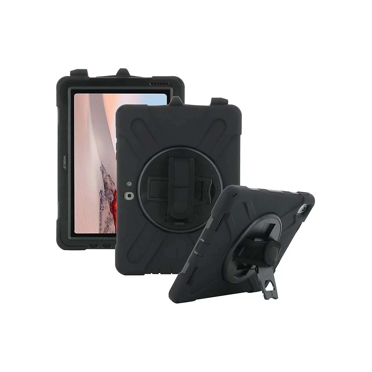 Schwarze Tablet-Schutzhülle, verschiedene Ansichten. Ein Tablet mit Hülle, eine Rückseite mit Drehhalterung und eine Winkelansicht.