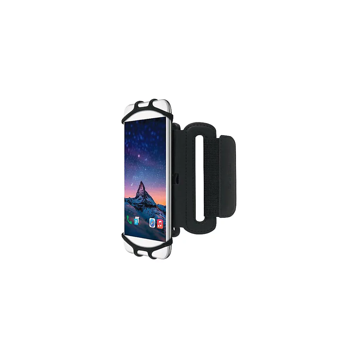 Ein schwarzes Sportarmband hält ein Smartphone mit einer Silikonhalterung vor weißem Hintergrund.