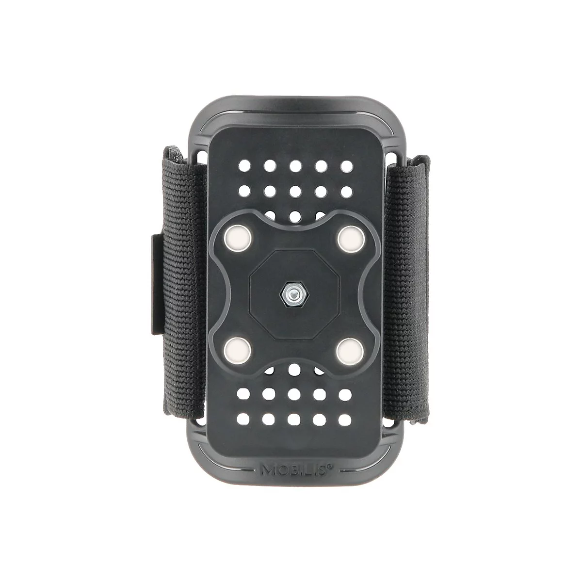 Schwarze Smartphone-Halterung mit Armband und Logo 'MOBILIS'.
