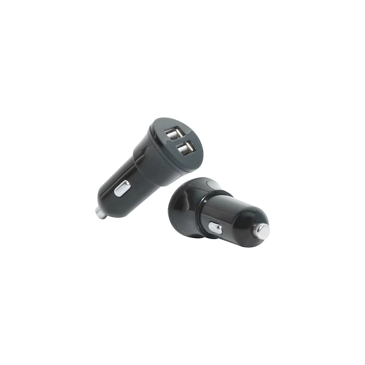 Zwei schwarze USB-Autoladegeräte mit zwei Anschlüssen auf weißem Hintergrund.