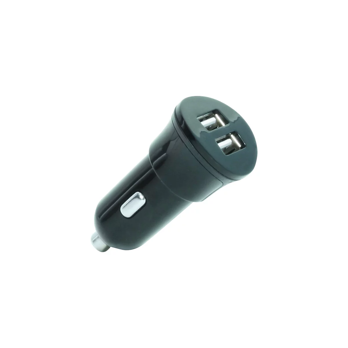 Schwarzes Auto-Ladegerät mit zwei USB-Anschlüssen vor weißem Hintergrund.