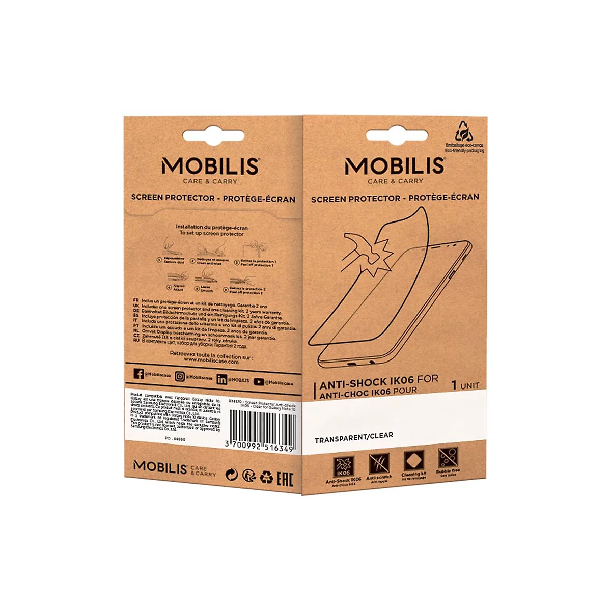 Rückseite einer braunen Papierverpackung für einen Mobilis Displayschutz mit Anleitungs-Icons und Produktinfos.