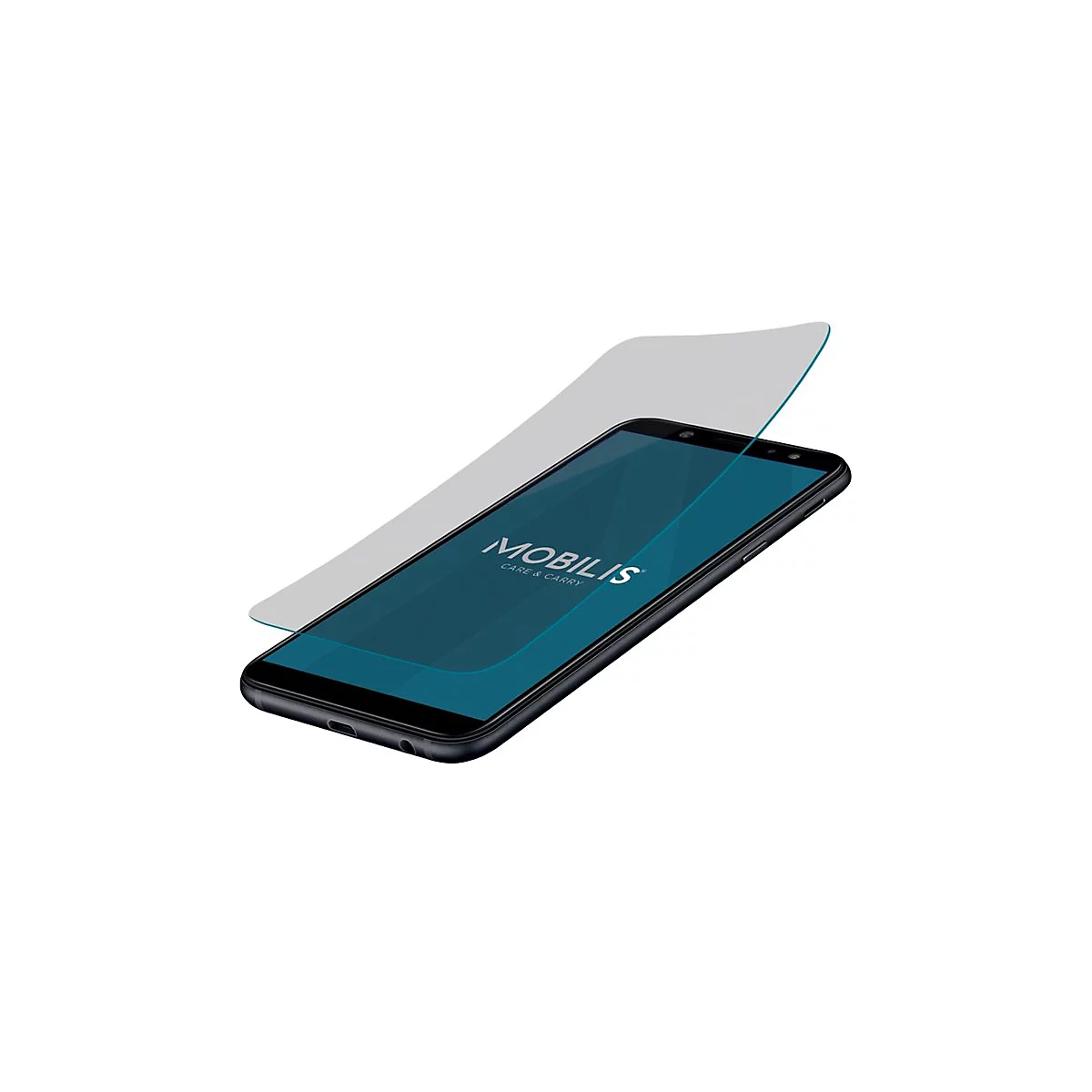 Schwarzes Smartphone mit einer leicht abgehobenen, transparenten Displayschutzfolie von Mobilis auf weißem Grund.