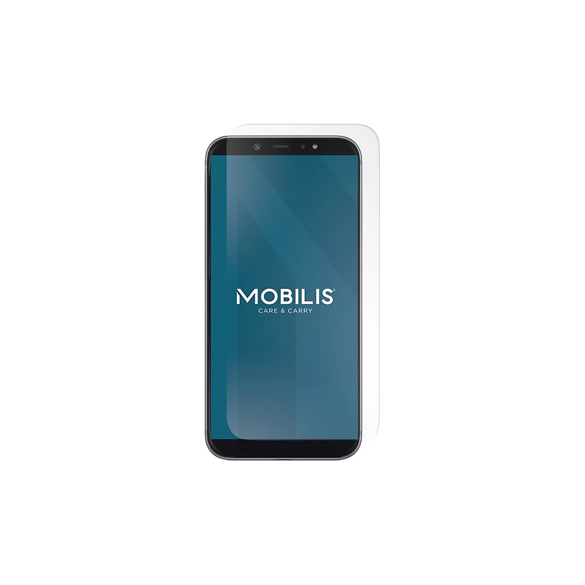 Smartphone mit Displayfolie, schwarzer Rahmen, blaues Display. Schriftzug: MOBILIS CARE & CARRY.