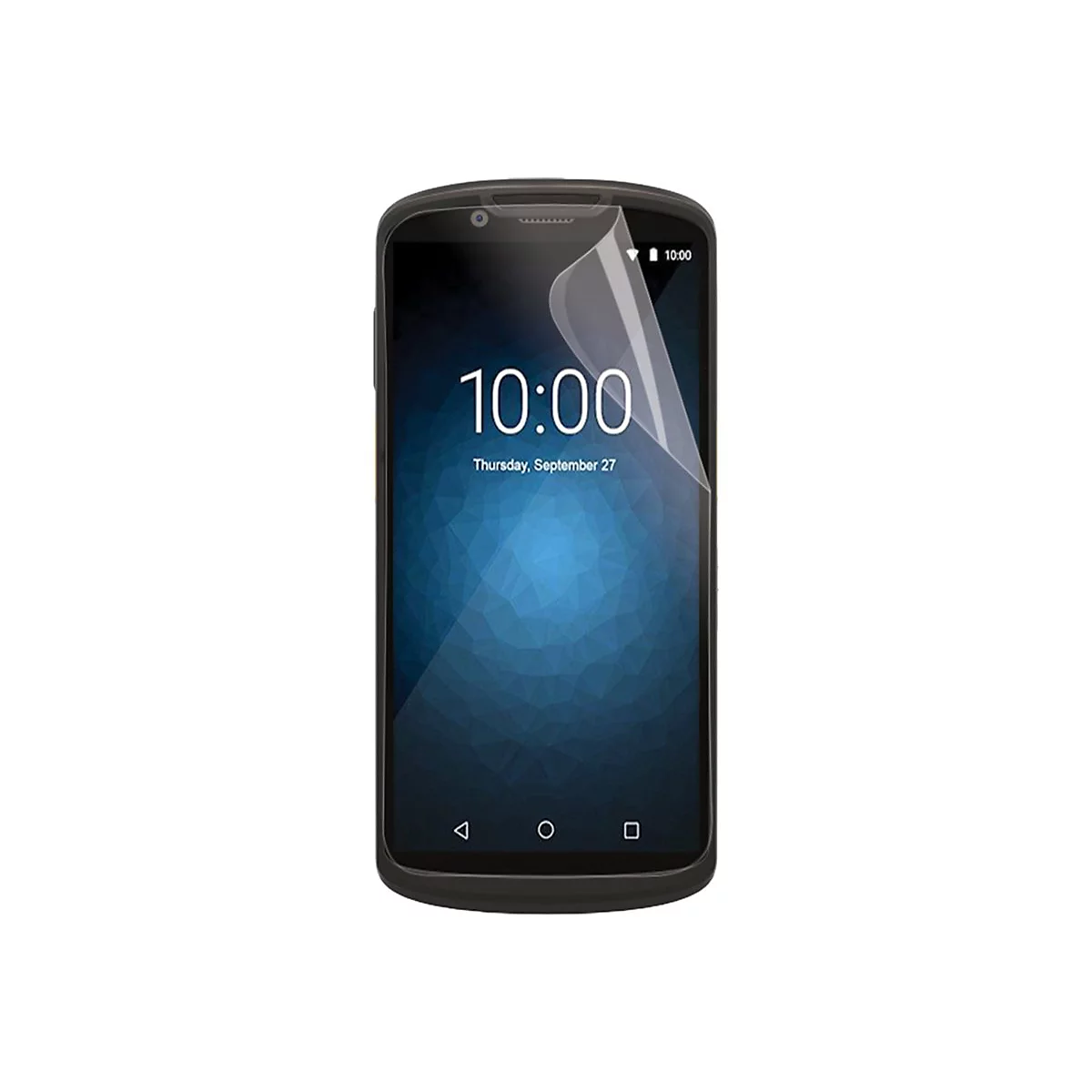 Smartphone mit teilweise abgezogener, transparenter Schutzfolie auf dem Display vor weißem Hintergrund.