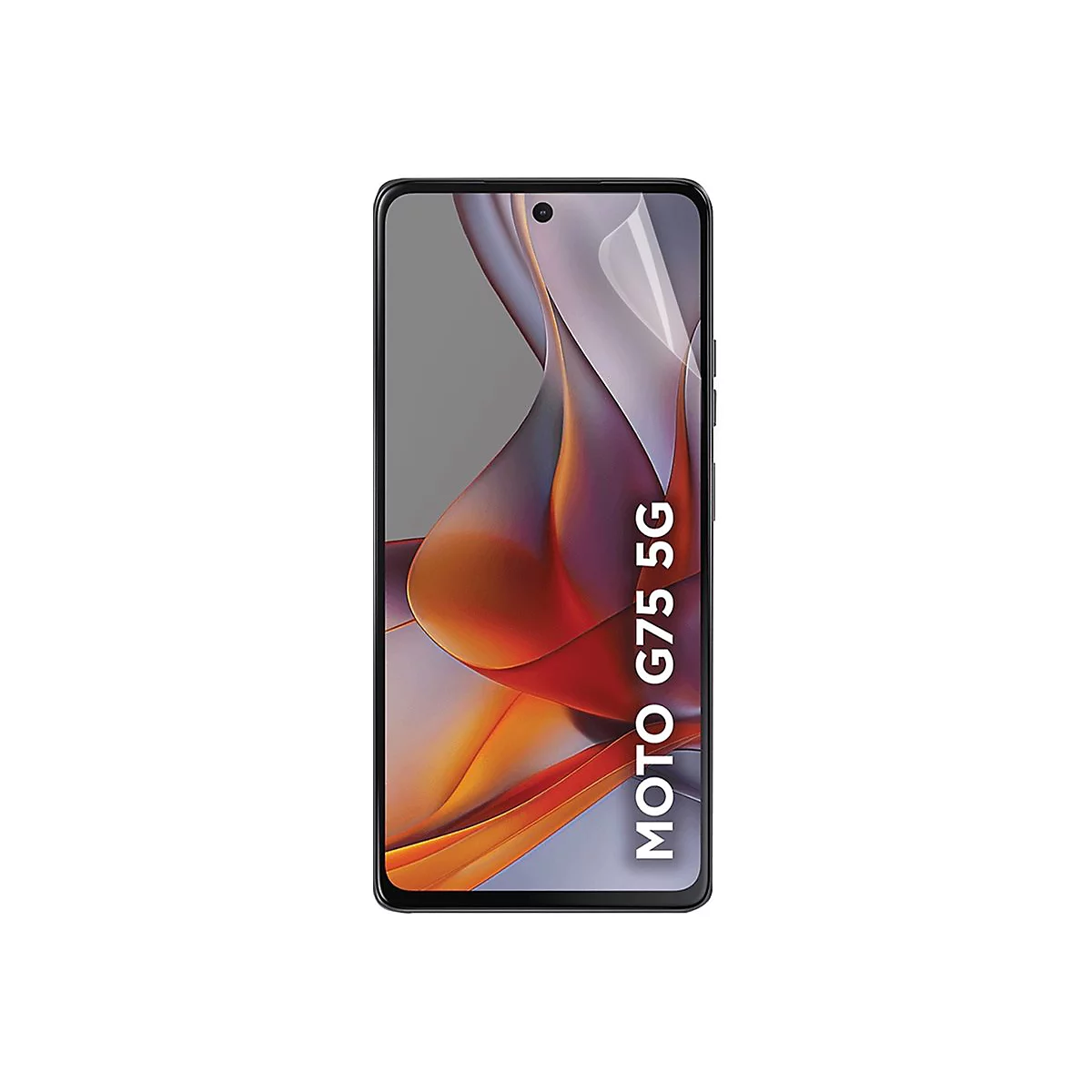 Smartphone Moto G75 5G mit Bildschirmansicht. Das Gerät ist in Schwarz gehalten.