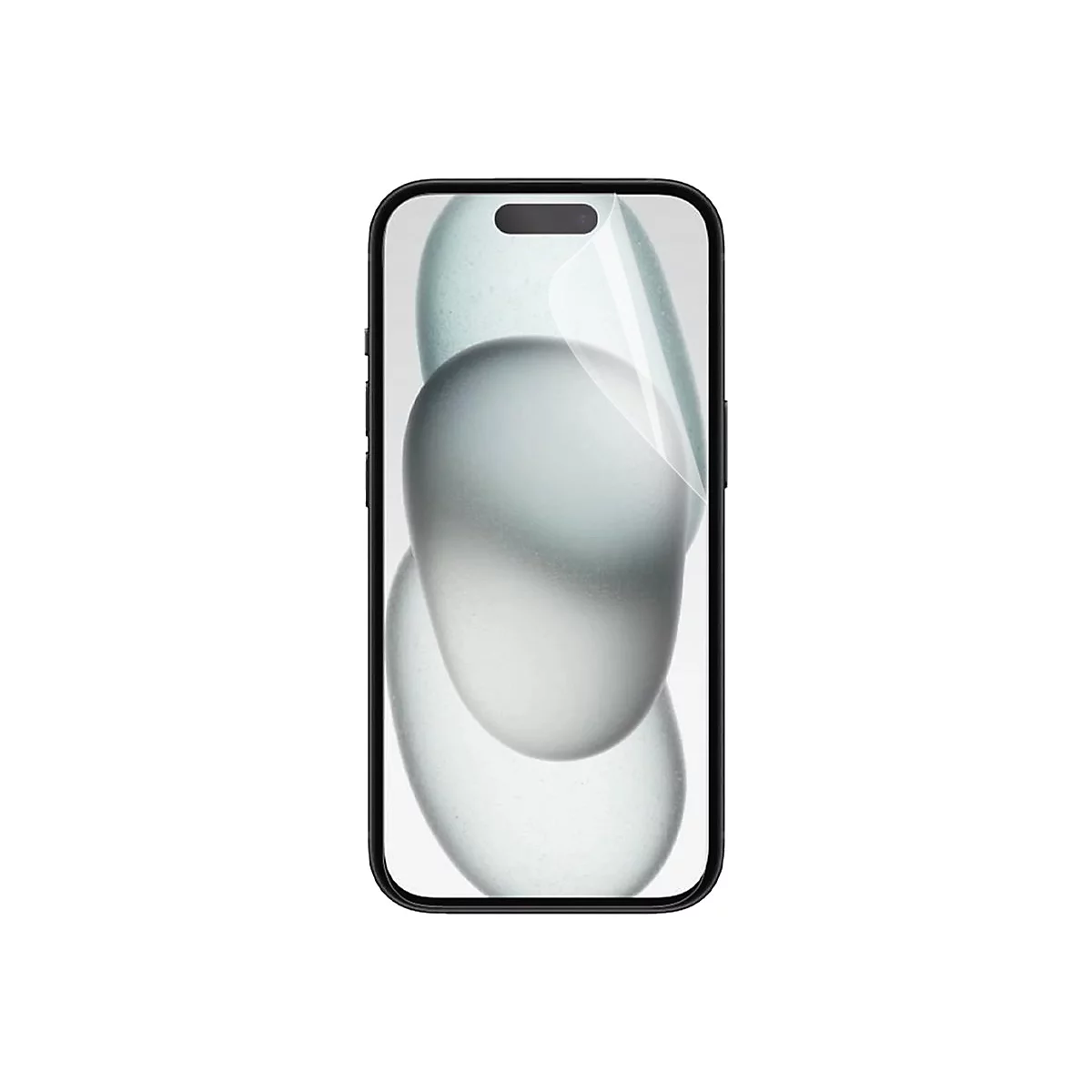 Schwarzes Smartphone mit Schutzfolie, Display mit abstraktem Muster vor weißem Hintergrund.