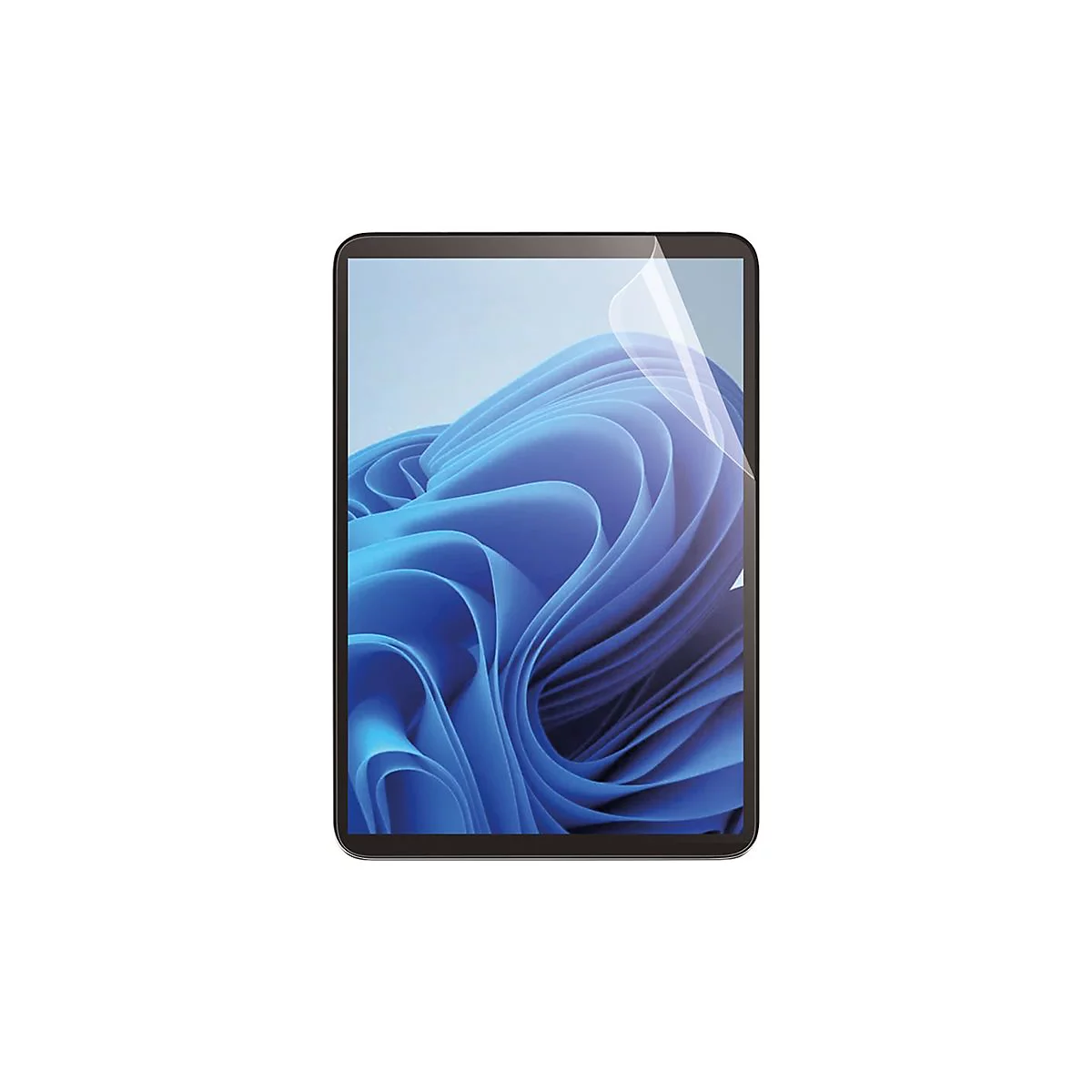 Schwarzes Tablet mit blauen Hintergrundbild. Schutzfolie oben rechts.