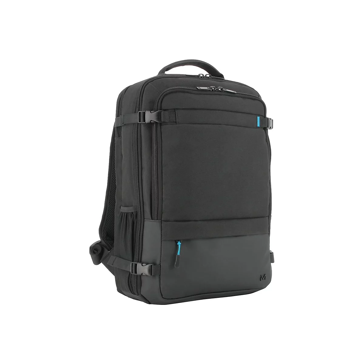 Schwarzer Laptop-Rucksack mit mehreren Fächern und blauen Reißverschlüssen. Steht vor weißem Hintergrund.