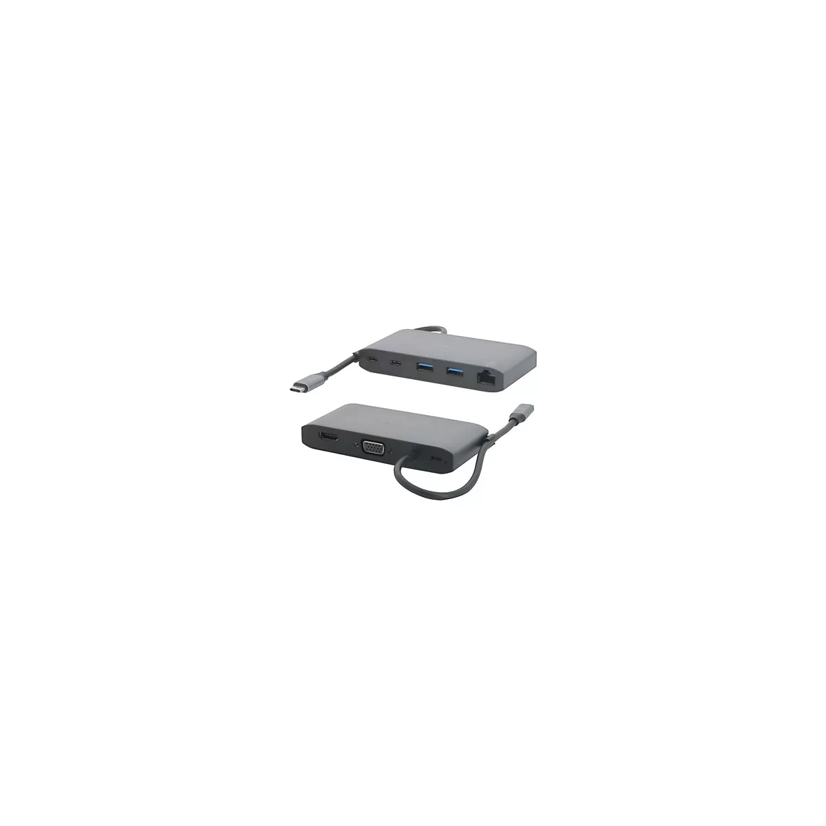 Grauer USB-C-Hub mit verschiedenen Anschlüssen, darunter USB, HDMI, VGA und Ethernet, auf weißem Hintergrund.