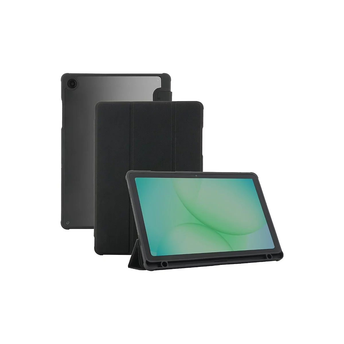 Drei schwarze Tablets vor weißem Hintergrund. Eines liegt, eines steht, eines hat eine Hülle.