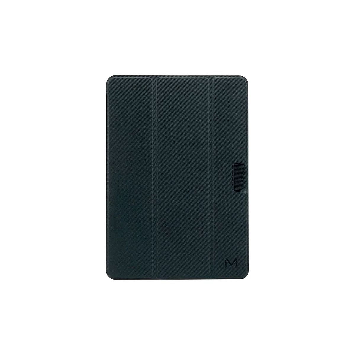 Schwarzes Tablet-Cover mit strukturierter Oberfläche und seitlicher Stiftschlaufe vor weißem Hintergrund.