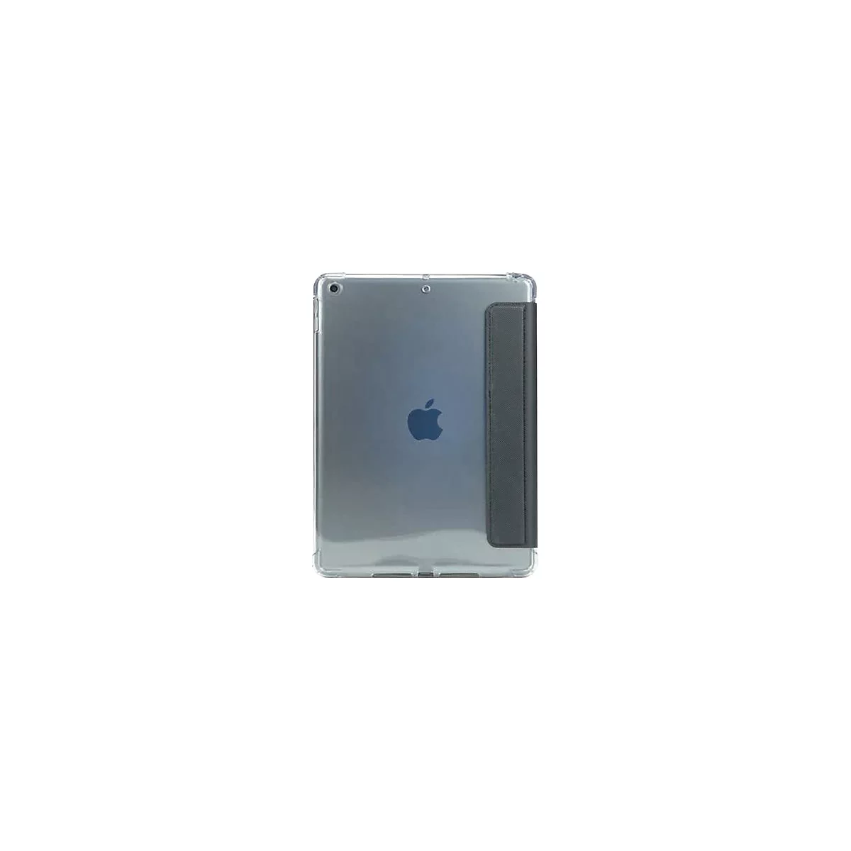 Rückseite eines iPads mit durchsichtiger Schutzhülle und einem schwarzen, faltbaren Cover-Element.