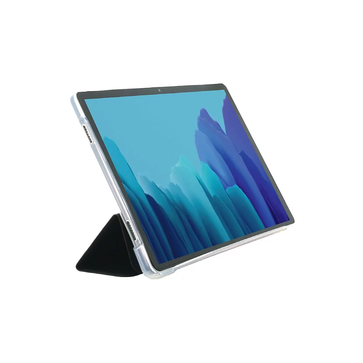 Tablet mit blauem Bildschirm, in einer transparenten Hülle, auf einem schwarzen Ständer.