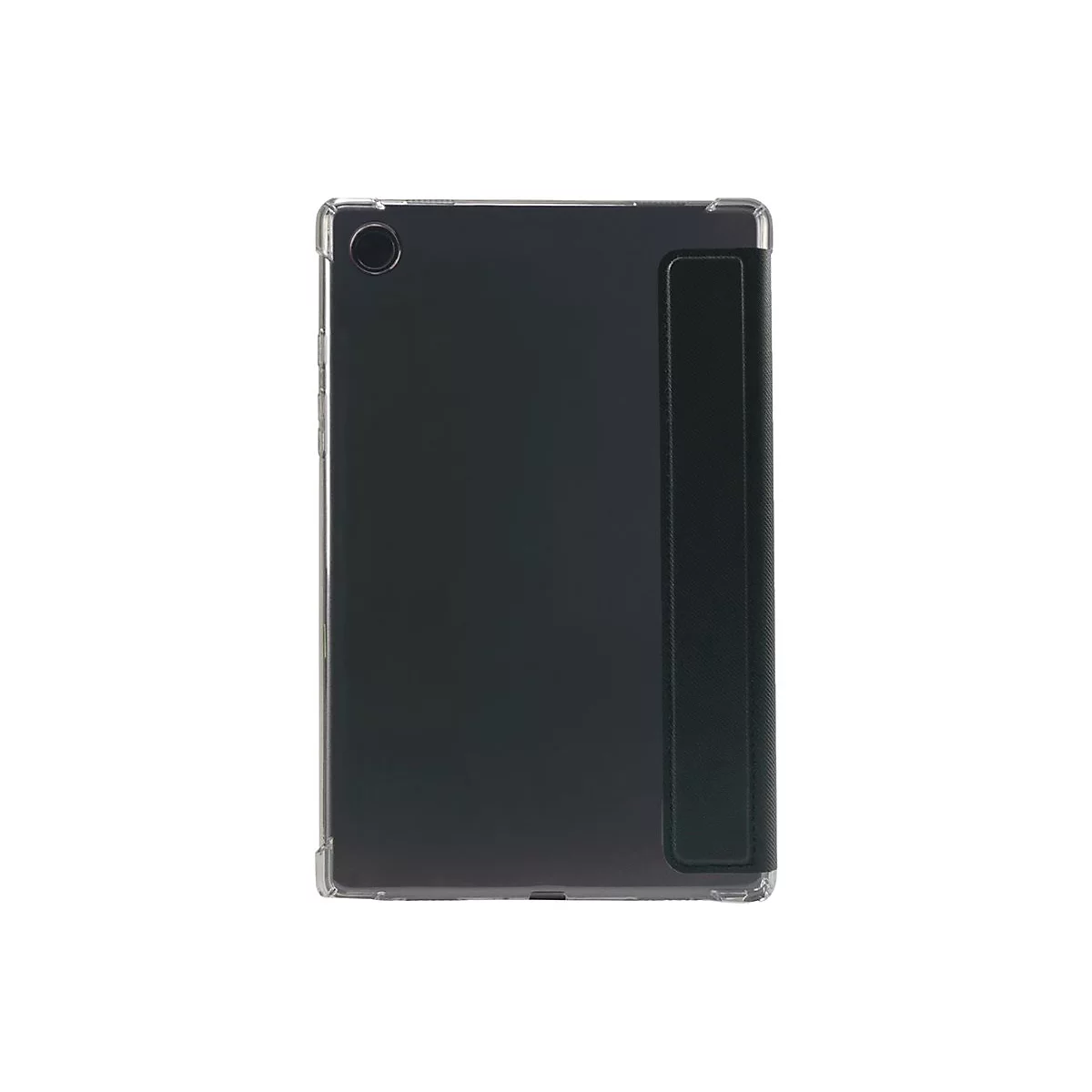 Ein schwarzes Tablet in einer Hülle, die einen Klappmechanismus hat, um das Gerät zu schützen. Auf weißem Hintergrund.