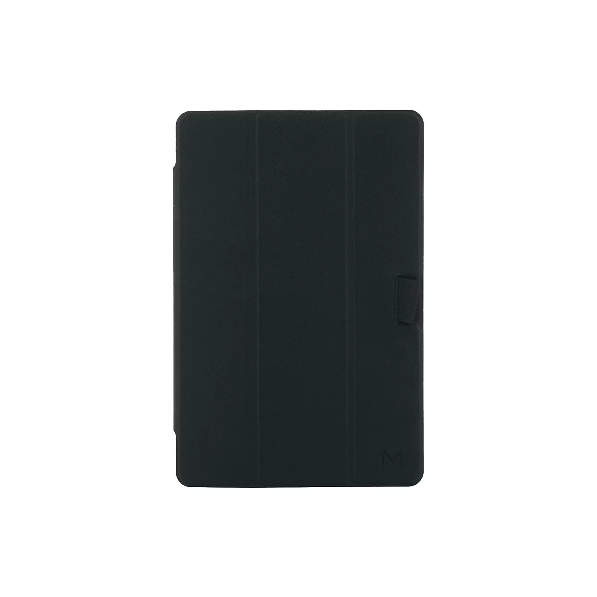 Schwarze Tablet-Hülle, dreiteilig, mit Verschlusslasche. Auf der unteren rechten Ecke befindet sich ein weißes „M“.