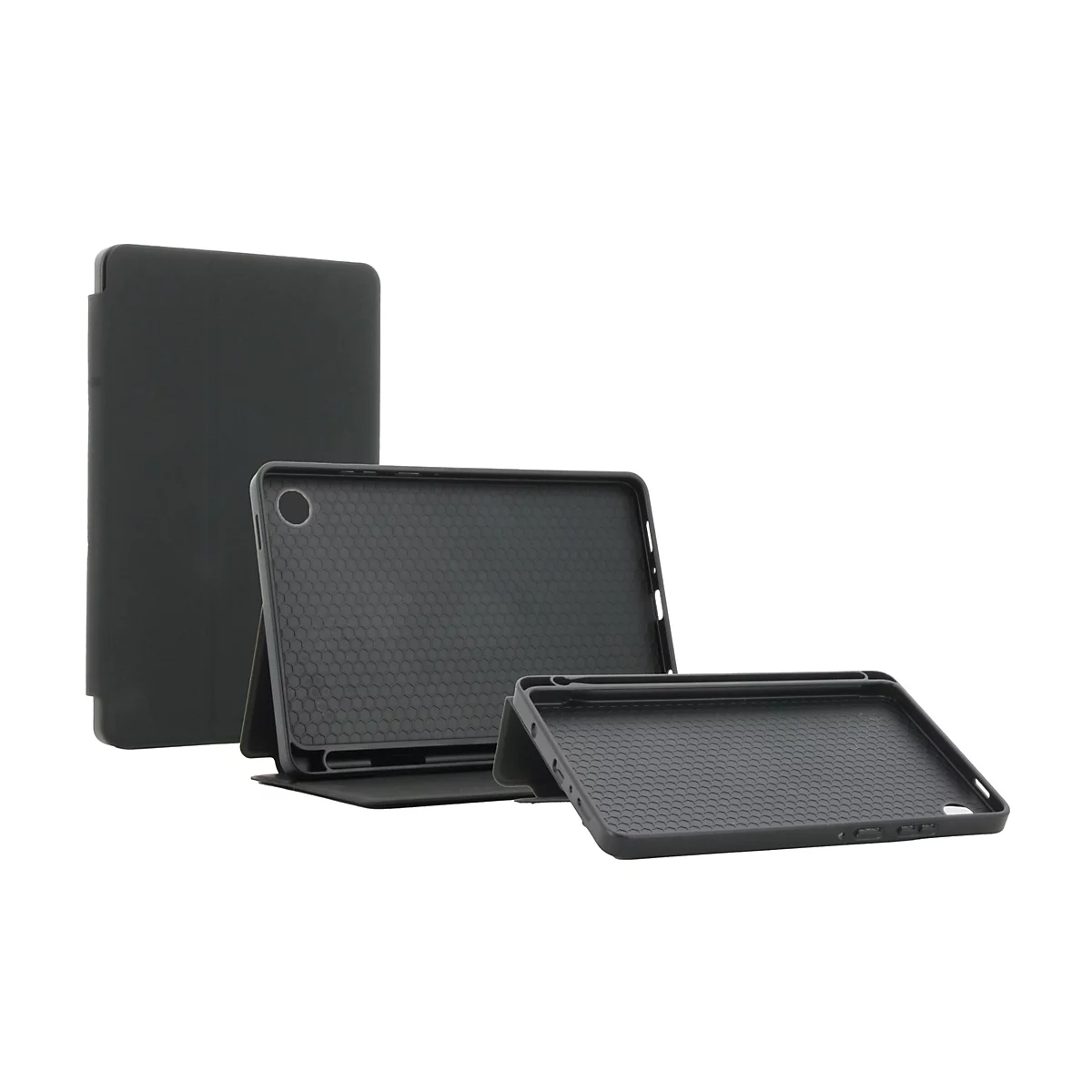 Schwarze Tablet-Hülle, dreiteilig, vor weißem Hintergrund. Eine Hülle steht hochkant, zwei liegen flach.