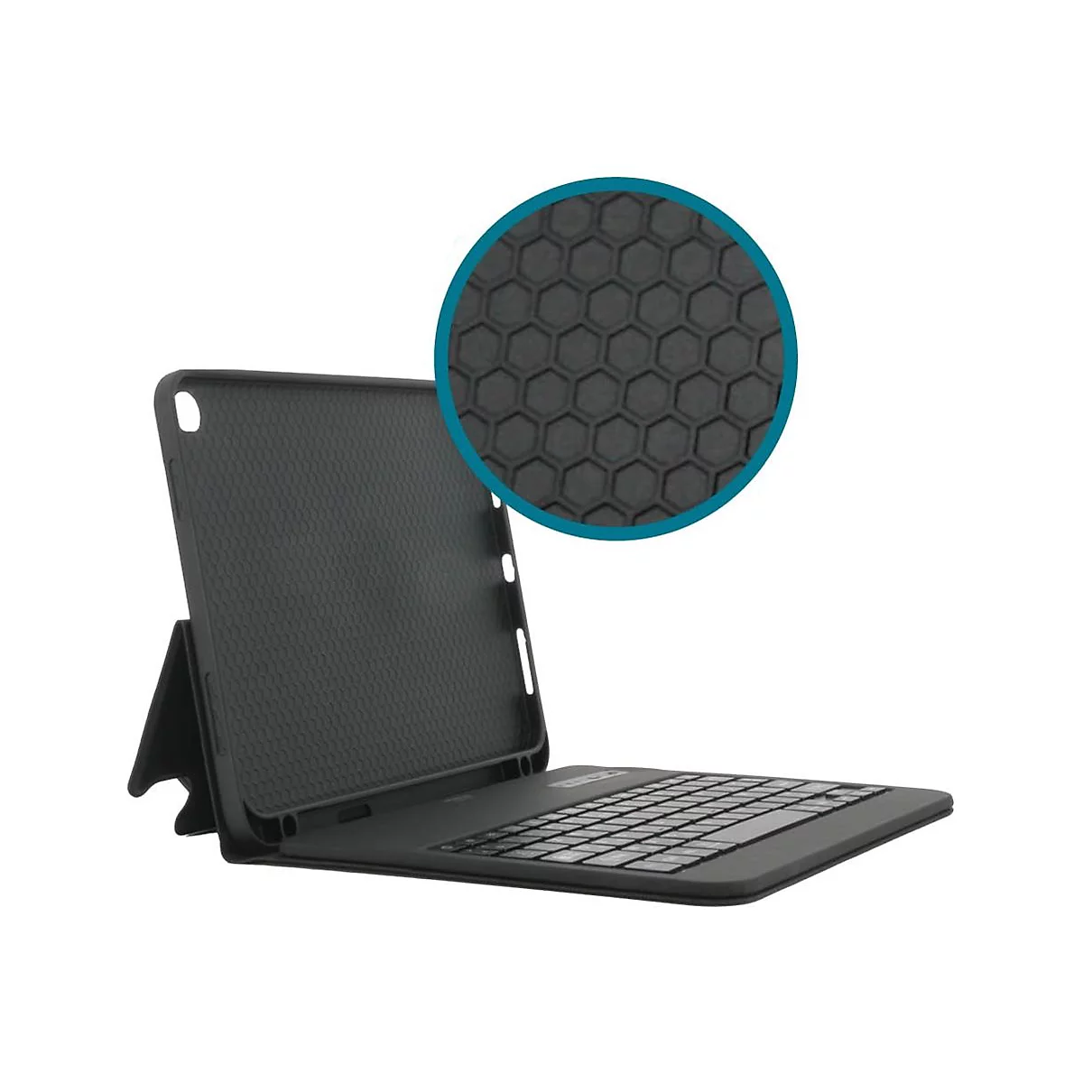 Schwarze Tablet-Hülle mit integrierter Tastatur und sechseckiger Textur.
