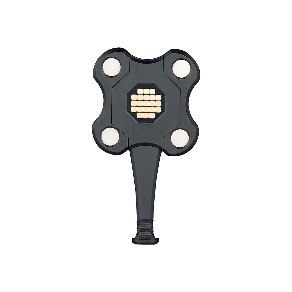 Schwarzes technisches Gerät mit Griff, weißen Kreisen und leuchtenden Quadraten in der Mitte, isoliert auf weißem Hintergrund.