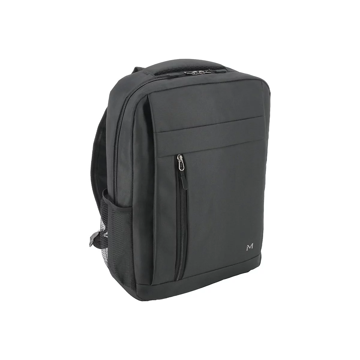 Schwarzer Rucksack mit Reißverschluss. Auf der Seite ein Netzfach. Das Logo 'M' ist unten rechts zu sehen.