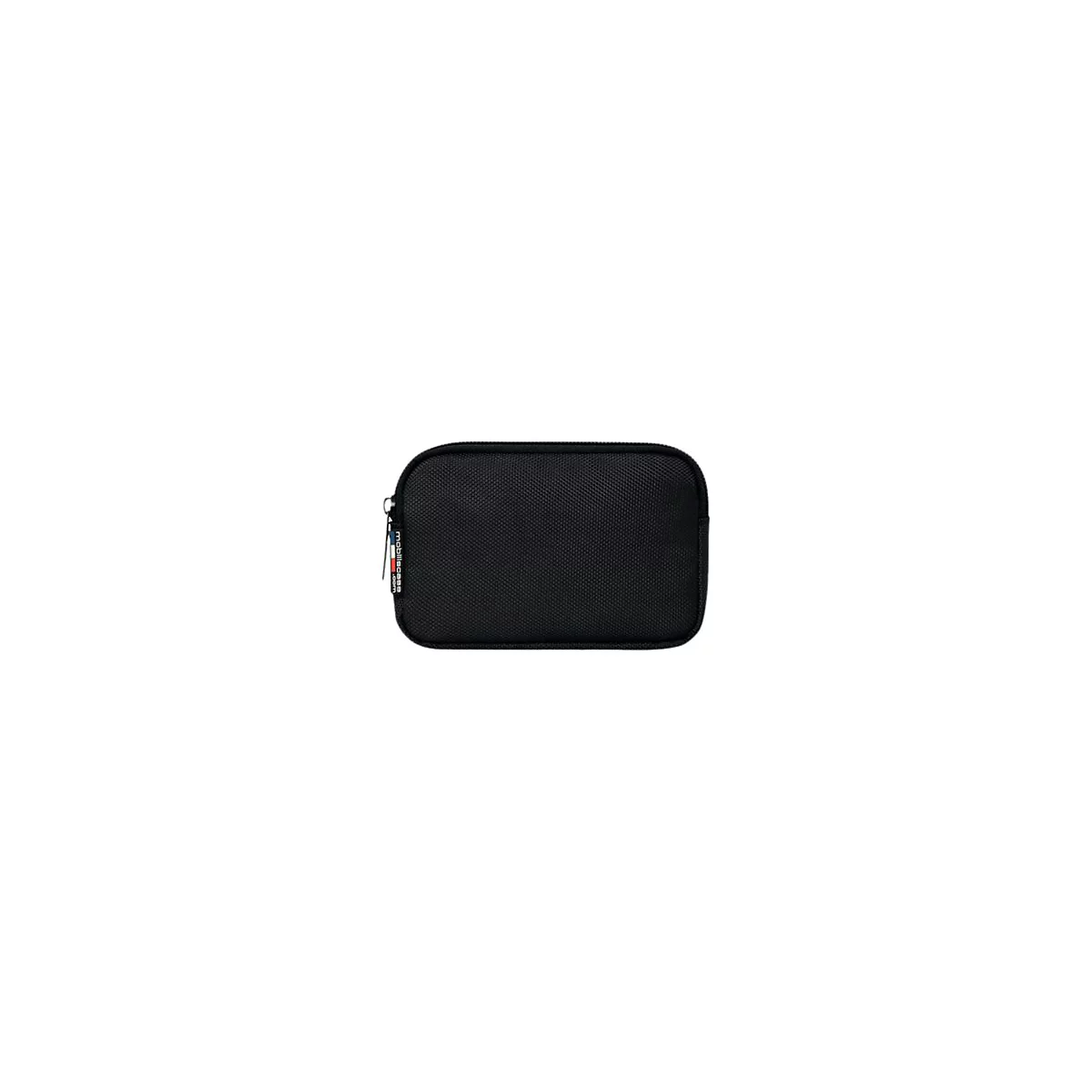 Schwarze, rechteckige Tasche mit abgerundeten Ecken und Reißverschluss, mit Logo-Label an der Seite.