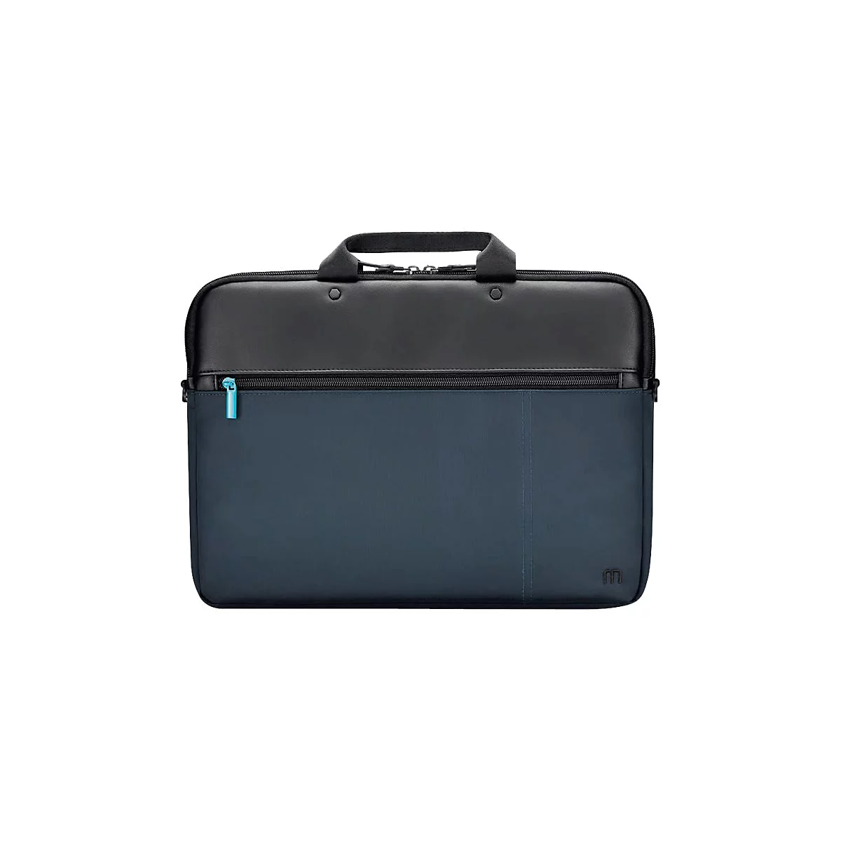 Dunkelblaue Laptoptasche mit schwarzem Oberteil, Tragegriff und einem markanten hellblauen Reißverschluss-Zipper.