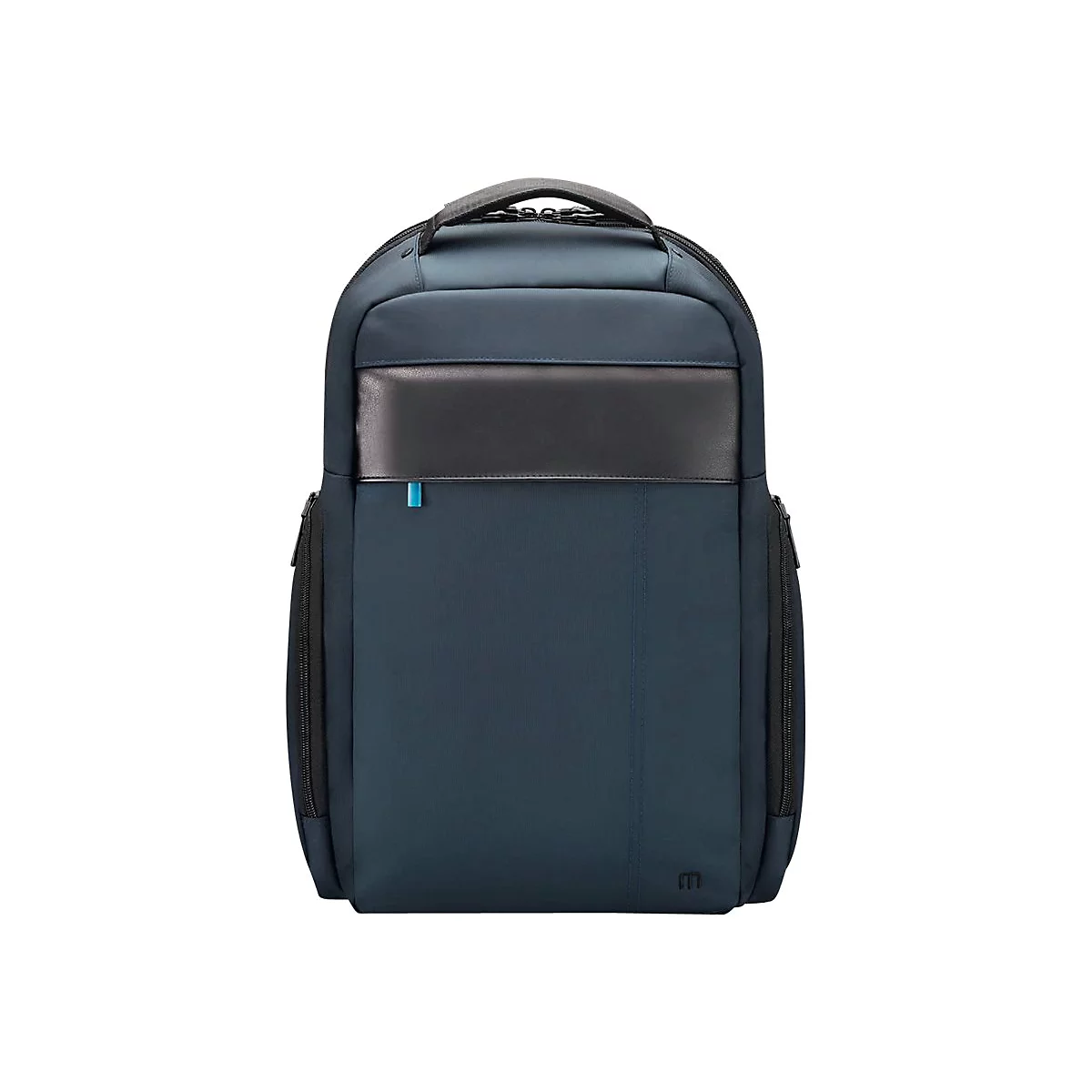 Dunkelblauer Business-Rucksack mit schwarzem Lederakzent und kleinem hellblauen Detail vor weißem Hintergrund.
