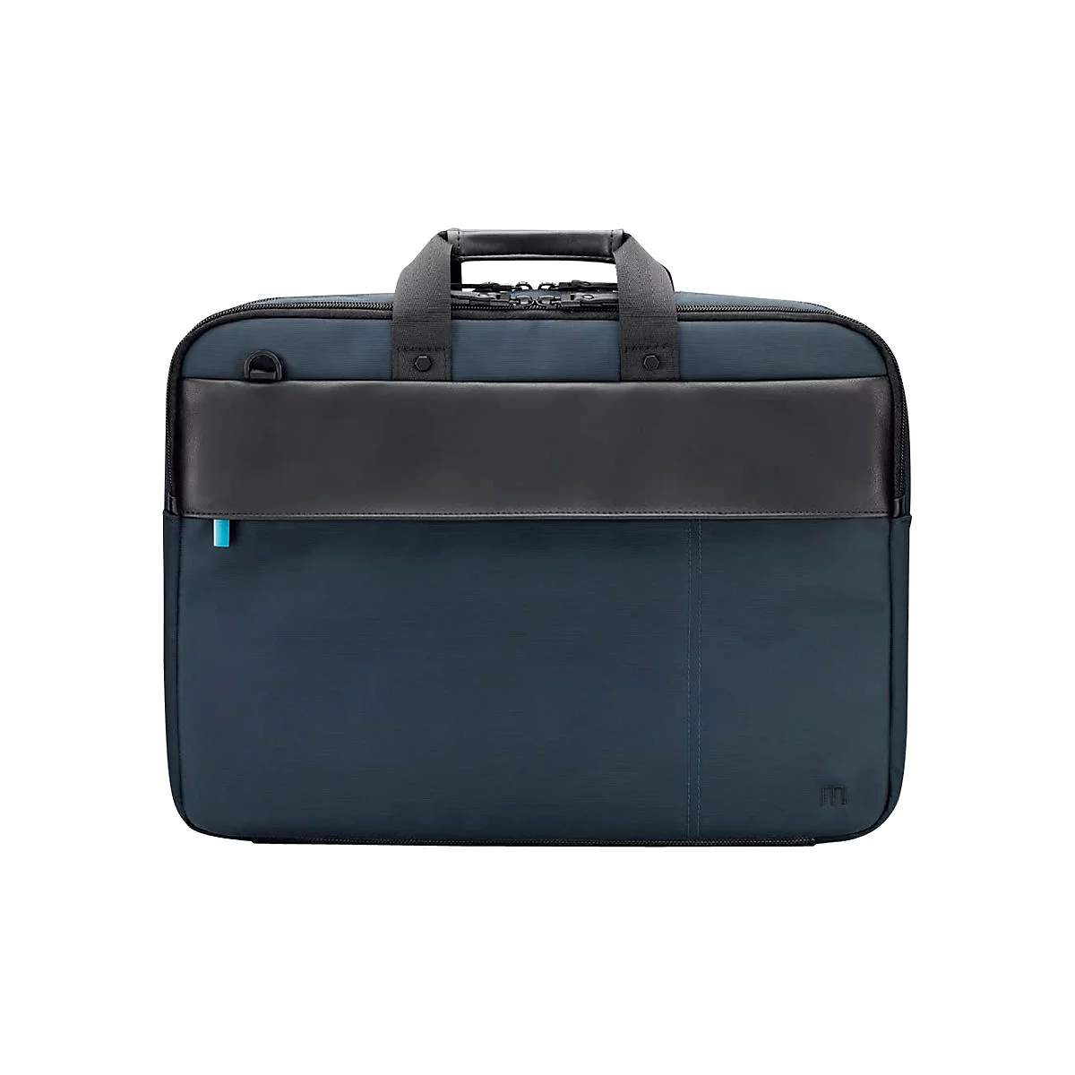 Mallette bleu foncé avec insert en cuir noir et poignée, vue détaillée.