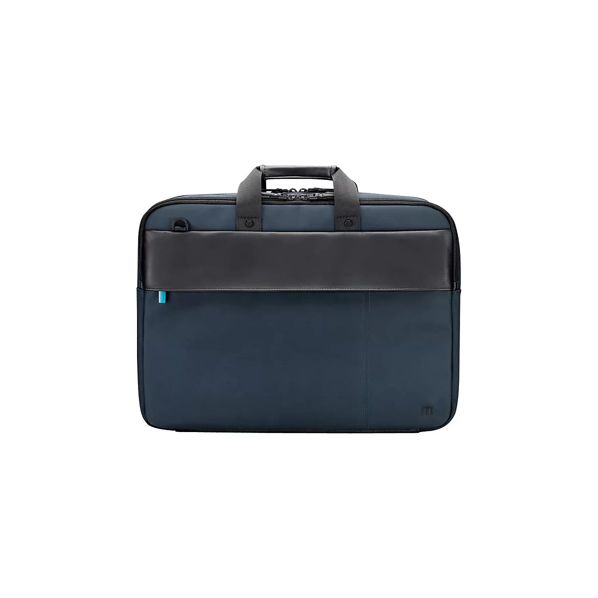 Dunkelblaue Aktentasche mit schwarzem Lederband, Tragegriff und Logo.