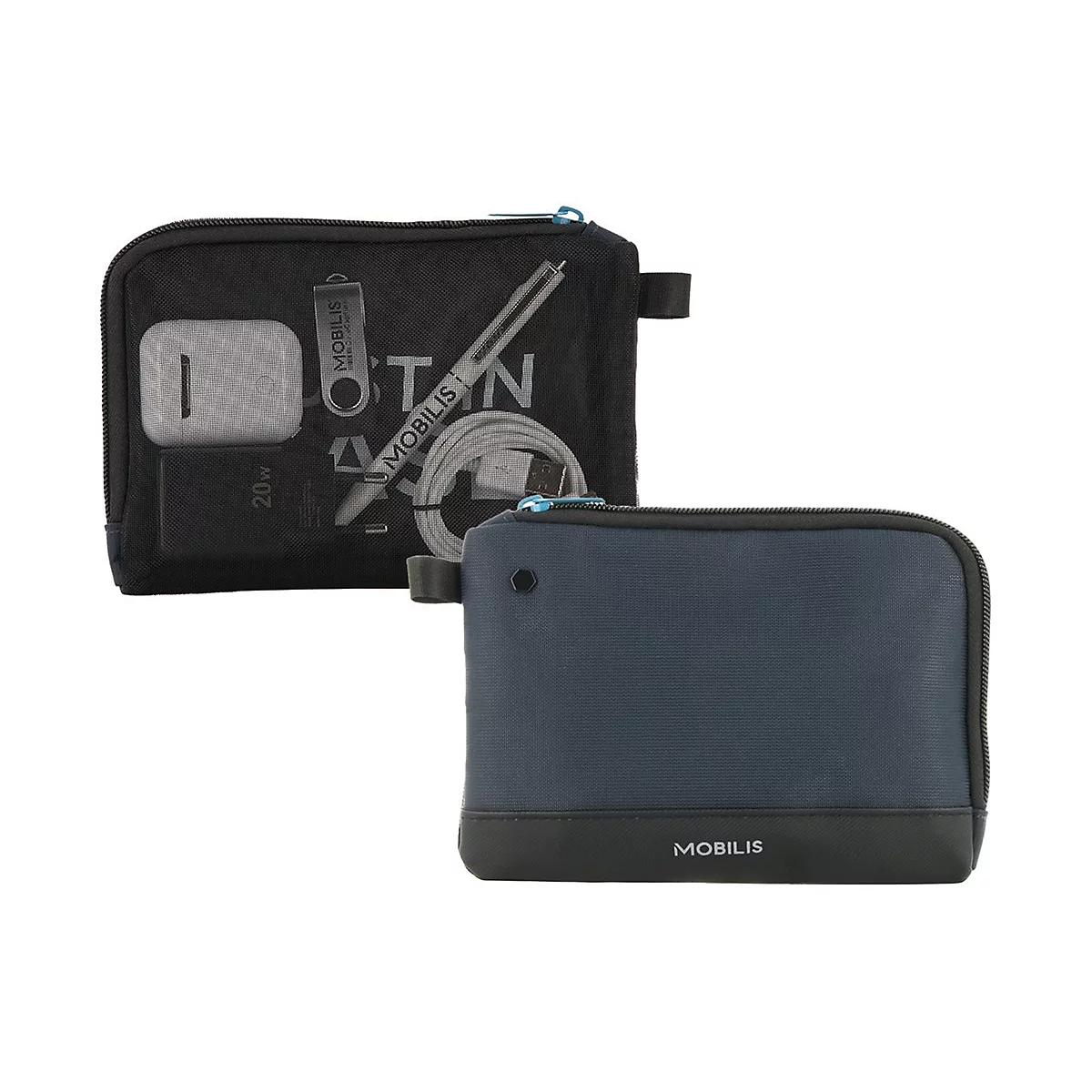 Deux pochettes noires : une ouverte avec accessoires (chargeur, câble), l'autre fermée. Inscription 'MOBILIS'.
