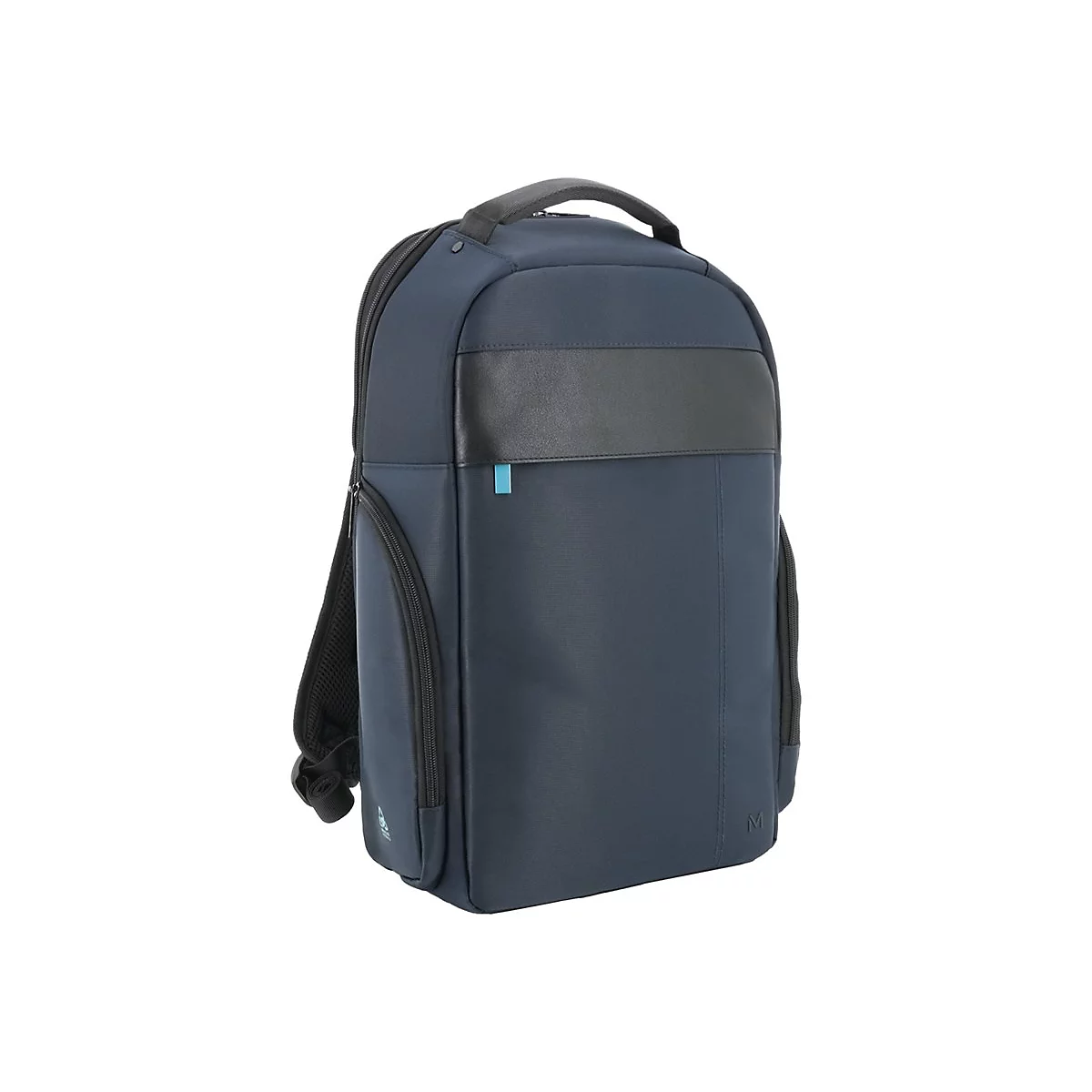 Blauer Rucksack mit schwarzem Griff und schwarzem Lederdetail. Reißverschlüsse und ein kleines blaues Element.