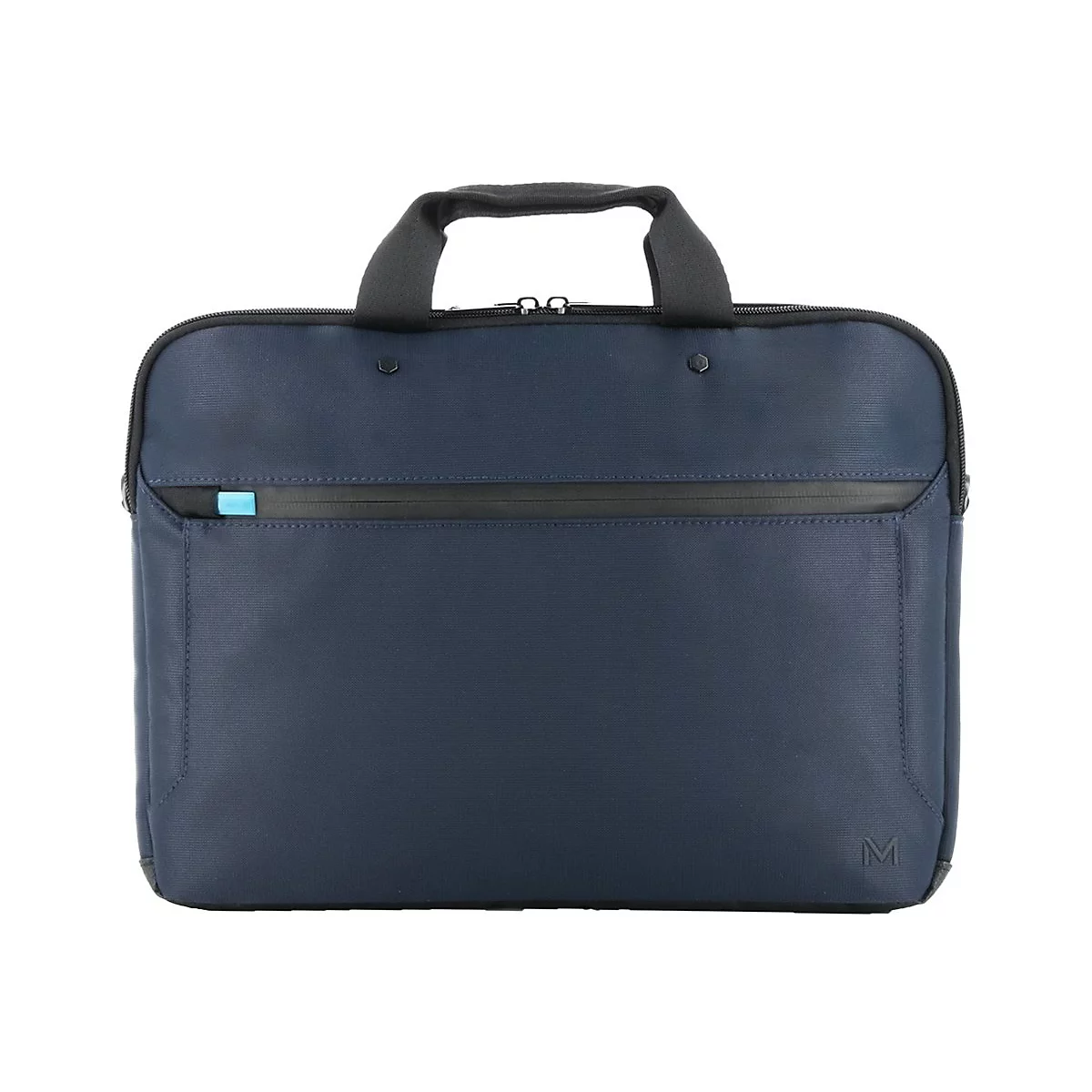 Dunkelblaue Laptoptasche mit schwarzem Griff und Reißverschluss. Auf der Fronttasche befindet sich ein hellblaues Detail.