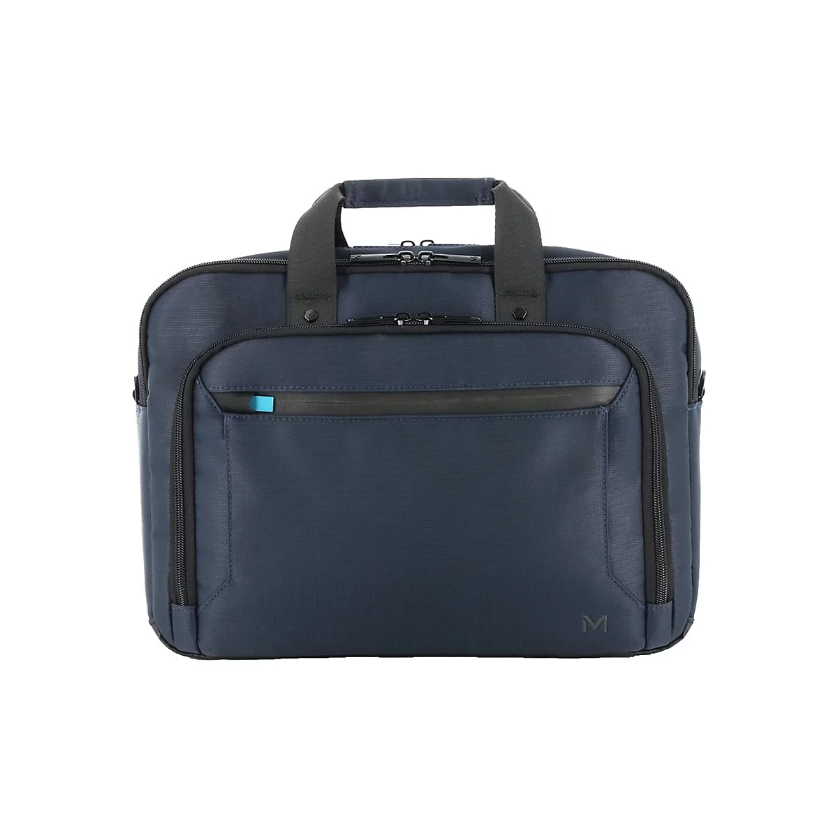 Dunkelblaue Aktentasche mit Henkel, Reißverschlüssen und einer kleinen blauen Lasche. Auf der Unterseite ist ein 'M' eingeprägt.