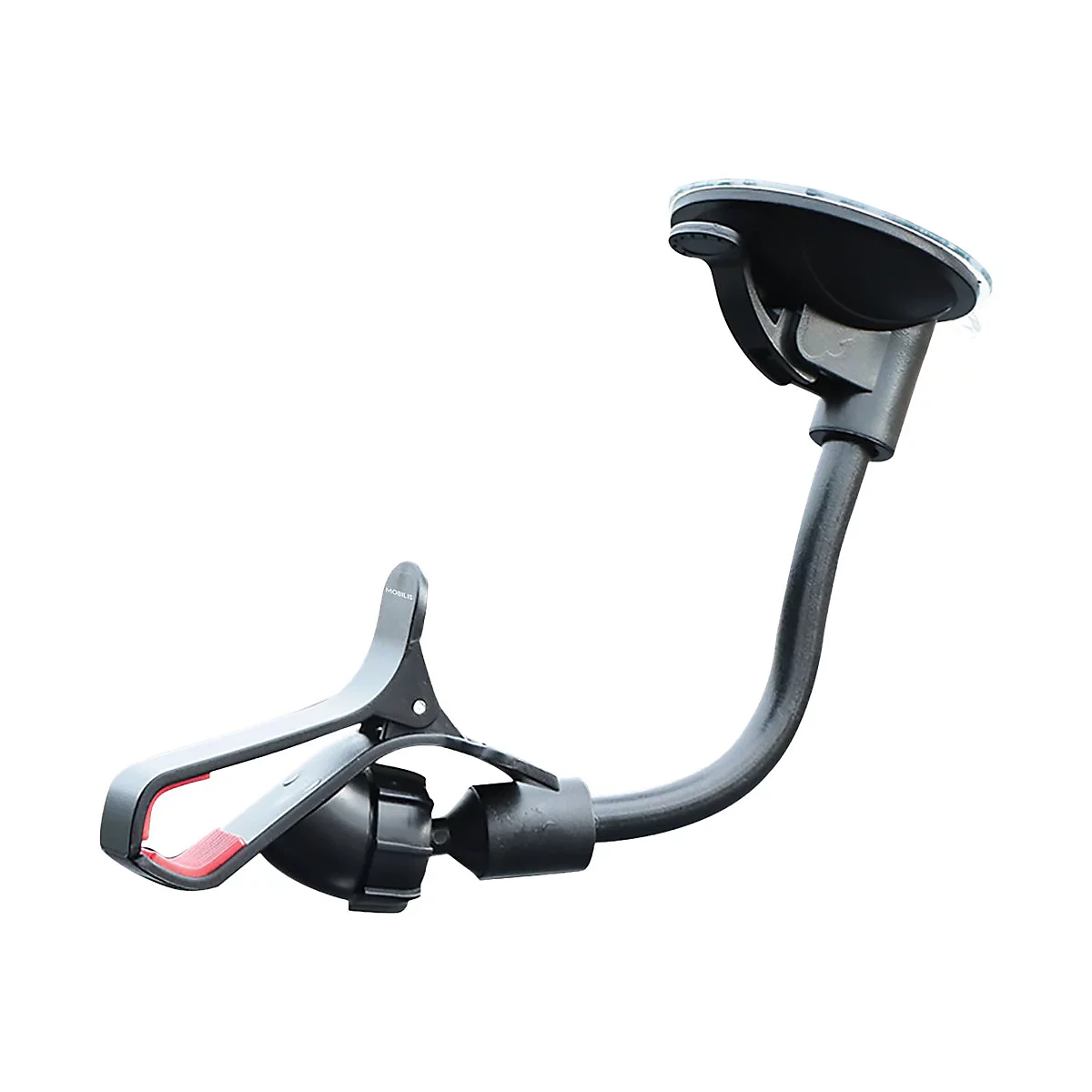 Schwarzer Handyhalter mit Saugnapf und flexiblen Arm. Klemme mit roter Innenseite. MOBILIS Logo.