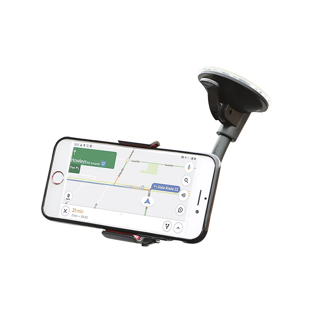 Smartphone in Halterung, Navigationsansicht auf dem Bildschirm. Die Halterung ist an einer Scheibe befestigt.