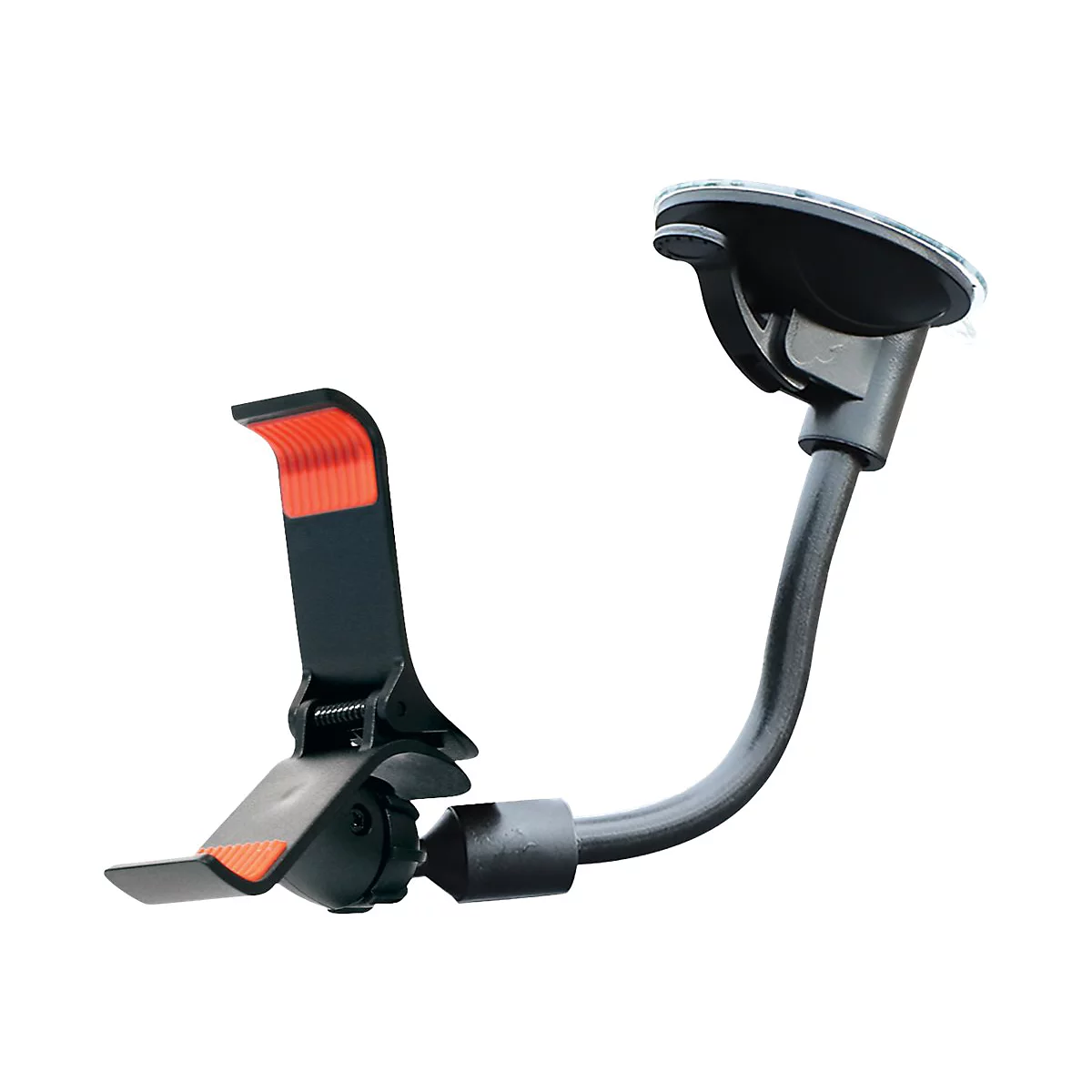 Schwarzer Handyhalter mit Saugnapf und orangefarbenen Akzenten. Gekrümmter Arm zur Befestigung an der Windschutzscheibe.
