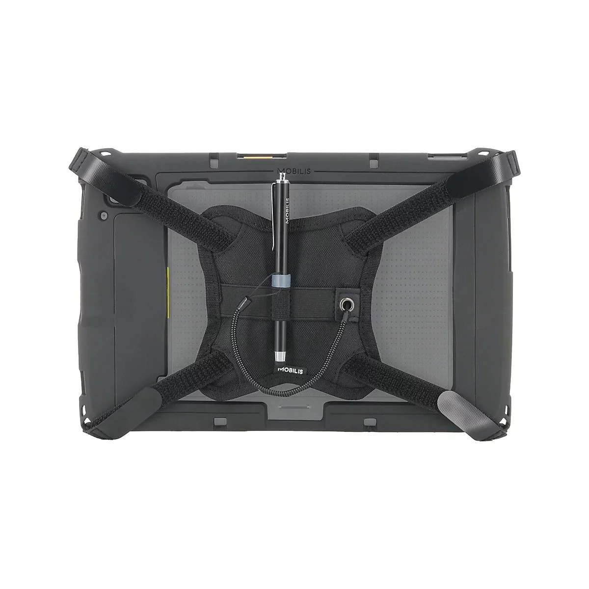 Dunkelgraues Tablet mit Halterung. Ein Stift und Halteriemen sind zu sehen. Die Marke "MOBILIS" ist auf dem Tablet und dem Stift aufgedruckt.