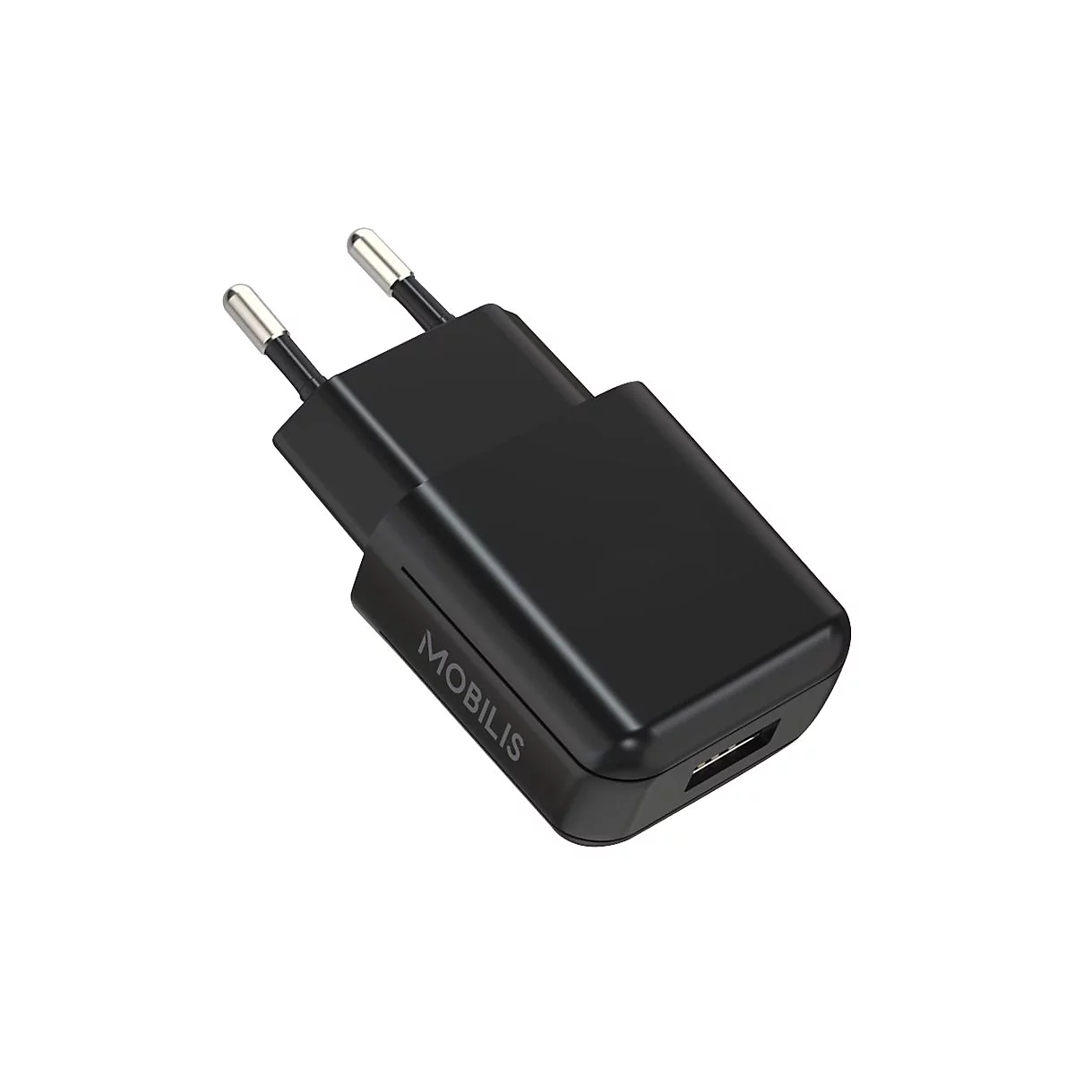 Schwarzes Ladegerät mit Steckern und USB-Anschluss. Aufschrift: MOBILIS.