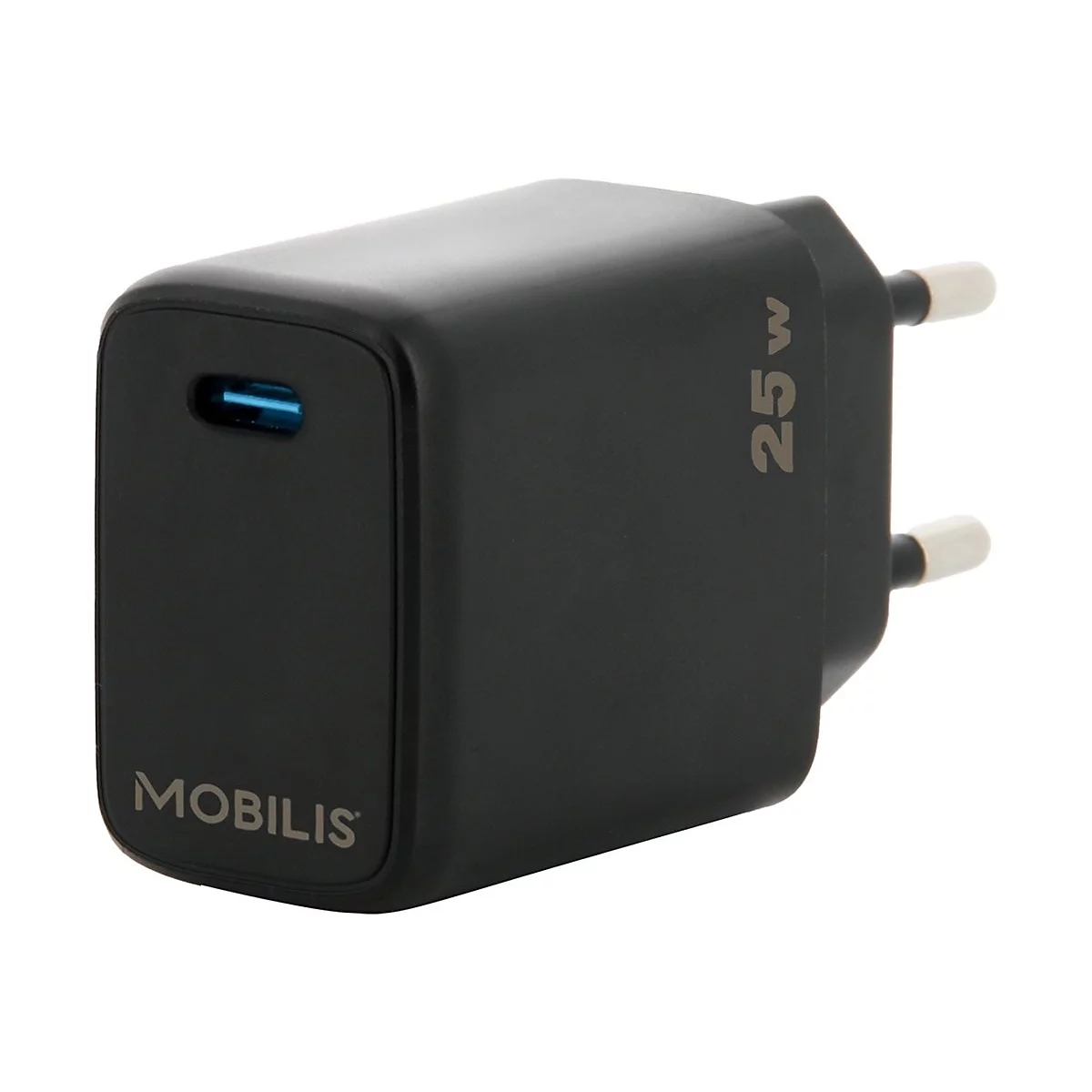 Schwarzes Ladegerät, Aufschrift MOBILIS und 25W. Blauer USB-C-Anschluss, Stecker.