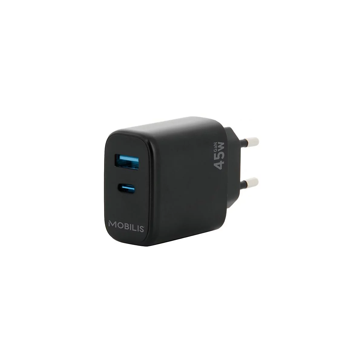 Schwarzes Ladegerät mit USB- und USB-C-Anschlüssen, 45W. Logo MOBILIS.