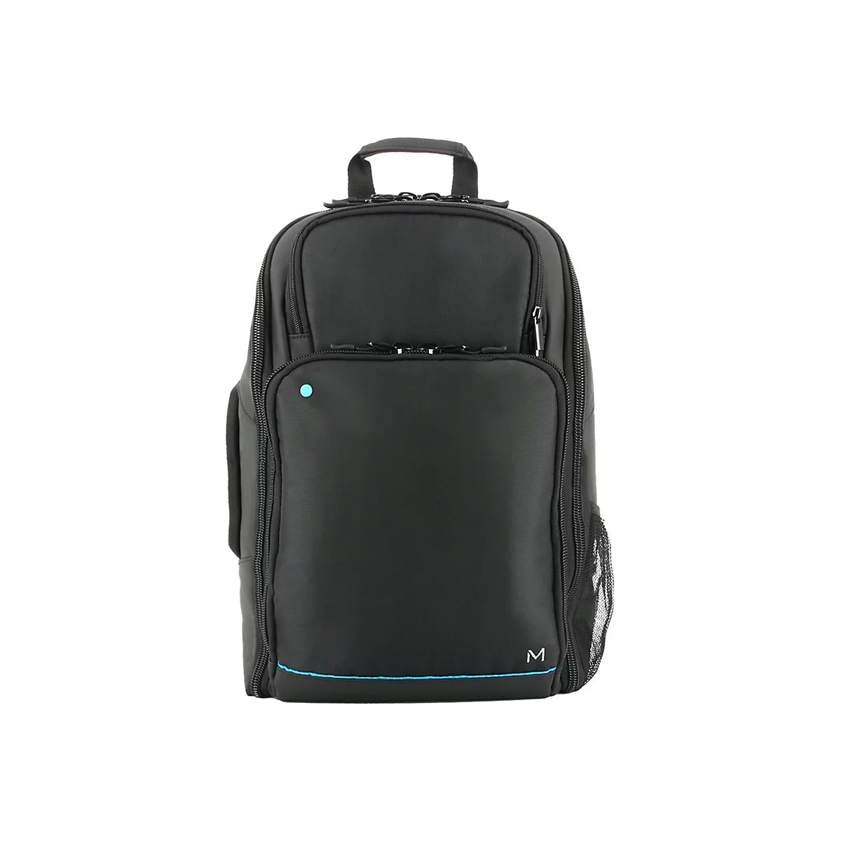 Schwarzer Rucksack mit blauem Akzent, Reißverschlüssen und Tragegriff, vor weißem Hintergrund.